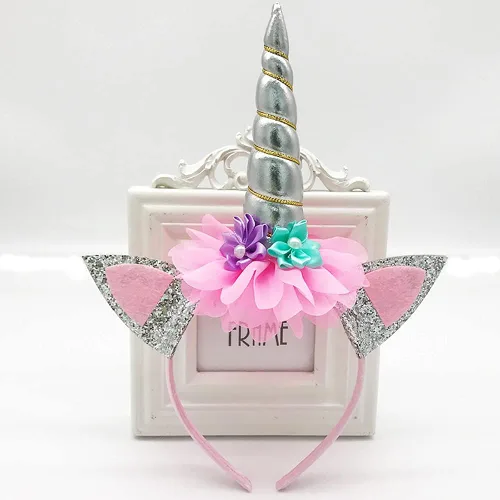 Vista 3 de 2 diademas de cuerno de unicornio, flores, orejas de gato, para fiestas de cumpleaños, Navidad, Halloween, accesorios de fotos, suministros