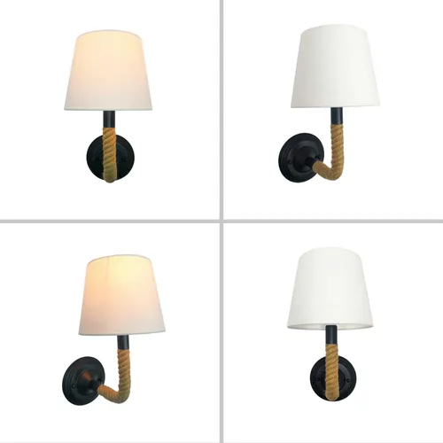 Vista 7 de Vintage Wall Light Hemp Rope Bedside Sconce Rustic Industrial Headboard Lamp, Farmhouse Wall Mount Lighting Fixture with Flared White Textile Lamp