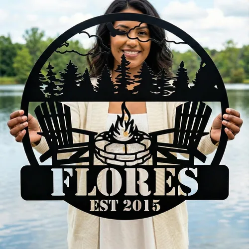 Vista 2 de Customizable Metal Sign for Your Perfect Mountain Getaway - Featuring Fire Pit and Scenic View, Personalized Family Badge with Fire Pit - Create
