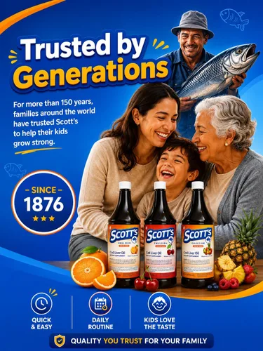 Vista 6 de SCOTT'S EMULSION Aceite de hígado de bacalao líquido para niños, sabor a cereza, apoya el crecimiento, la inmunidad y la salud ósea, rico en omega 3