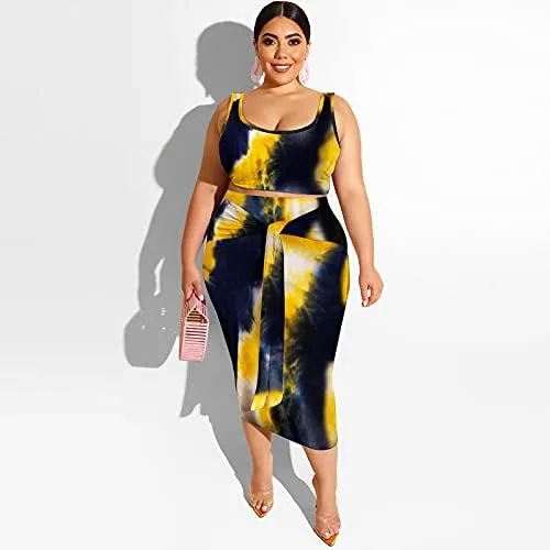 Vista 3 de MRSFITOK Conjunto de 2 piezas para mujer, de talla grande, sexy, vestido por debajo de la rodilla, sin mangas, con falda ajustada, casual, verano