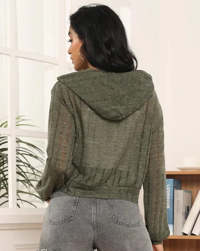 Vista 2 de Lokesaidi Sudadera corta con capucha y cremallera para mujer, ligera, ahuecada Y2K, manga larga, con cordón