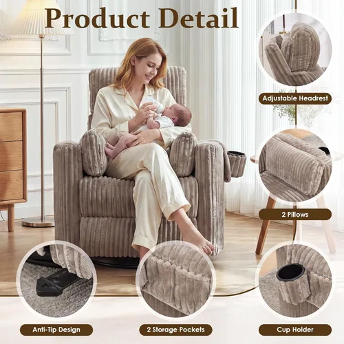 Vista 6 de SAMERY Silla reclinable giratoria eléctrica con reposacabezas ajustable, silla reclinable mecedora extra ancha con 2 almohadas/portavasos/USB/LED