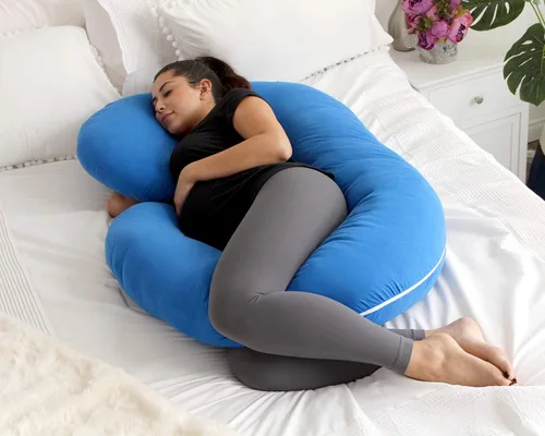 Vista 3 de Pharmedoc Almohadas de embarazo, almohada de cuerpo completo en forma de C - Funda de jersey azul - Almohadas de embarazo para dormir - Almohadas