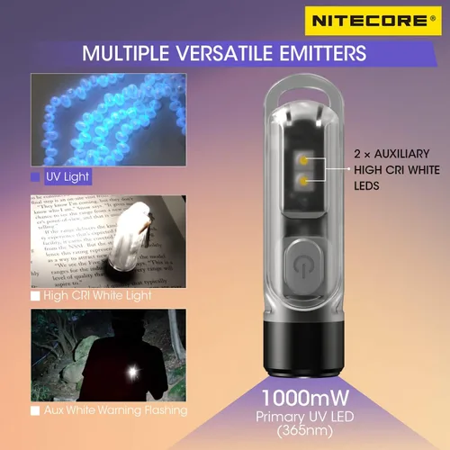 Vista 2 de Nitecore Tiki UV 365nm llavero ultravioleta linterna USB-C recargable EDC luz etiqueta