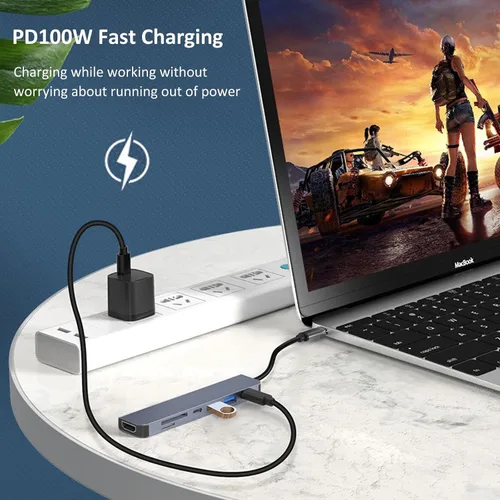 Vista 6 de Hub USB-C 7 en 1, adaptador multipuerto USB-C a HDMI con lector de tarjetas SD/MicroSD para iPhone/iPad, compatible con iPhone 15/16/17, MacBook