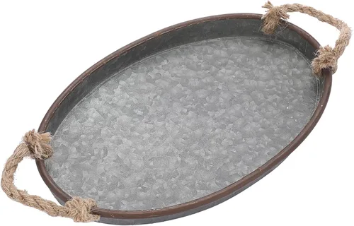 Vista 9 de Hipiwe Bandeja ovalada de hierro galvanizado con asa de cuerda, bandeja de servir rústica industrial para granja, pieza decorativa central para mesa