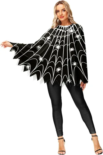 Vista 6 de Disfraz de calabaza de Halloween, capa de poncho de esqueleto de telaraña
