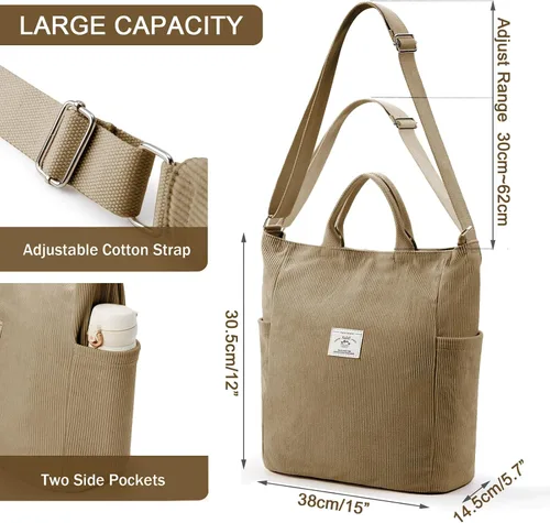 Vista 5 de KALIDI Bolso de mano de pana, bolso de mensajero con cremallera, bolso bandolera estilo hobo casual, para el trabajo, compras, para mujer