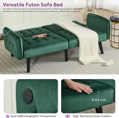 Vista 6 de TYBOATLE Sofá Cama Futón Plegable Convertible Moderno de Terciopelo de 65" de Ancho con 2 Puertos de Carga USB y Brazos, Sofá de Dos Plazas