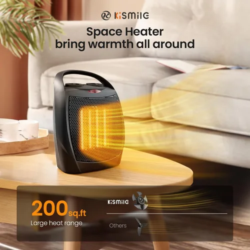 Vista 2 de Kismile Calentador de Espacio Eléctrico Pequeño Cerámico, Calentador Portátil con Ventilador para Oficina con Termostato Ajustable y Protección
