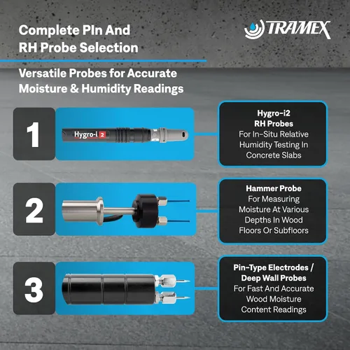 Vista 4 de Tramex Flooring Master Kit FMK Medidores de humedad, sondas de madera tipo RH y pin y termómetro de superficie infrarroja Encuesta