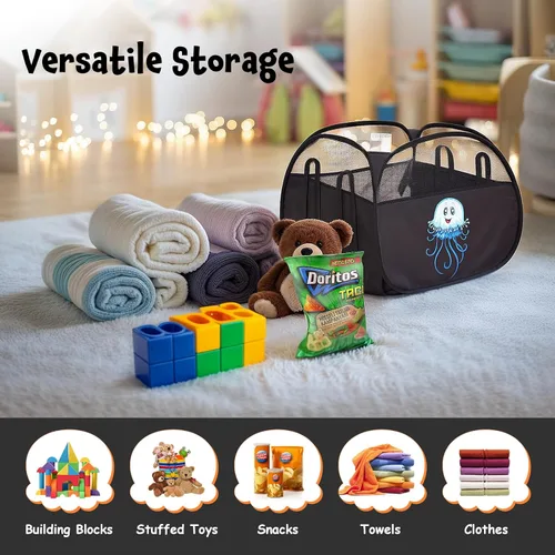Vista 2 de YOHOOLYO Cesta de Almacenamiento de Juguetes de 95L Caja Cofre para Niños Bebés Niños Pequeños, Organizador de Juguetes de Malla Grande Plegable