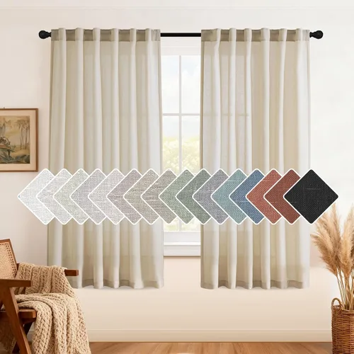 Vista 45 de H.VERSAILTEX Cortinas de lino natural de 63 pulgadas de largo para sala de estar, 2 paneles con trabillas traseras y bolsillo, texturizadas