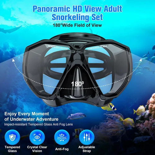 Vista 3 de HiiPeak Equipo de esnórquel para adultos, juego de esnórquel seco, vista panorámica amplia, máscara de buceo, juego de esnórquel, gafas de natación