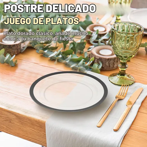 Vista 3 de Tanlade 100 platos de plástico negro transparente a granel de 7.5 pulgadas desechables de alta resistencia con borde rojo redondo ensalada postre