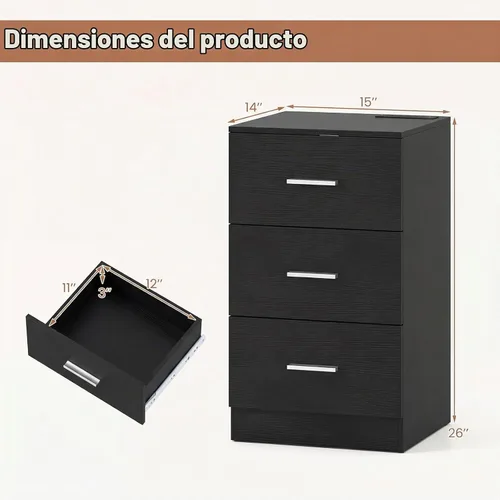 Vista 3 de KOMFOTT Mesita de noche con estación de carga, mesita de noche de madera Negro