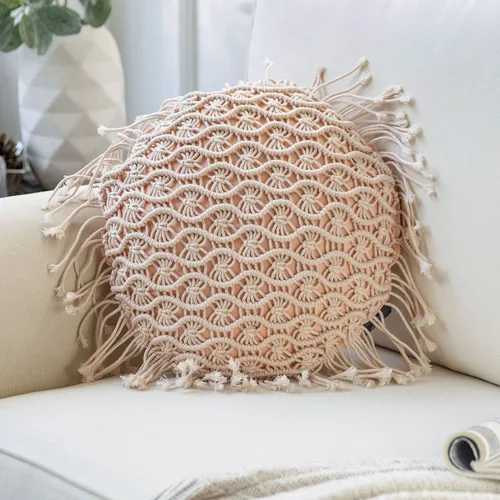 Vista 11 de Phantoscope Almohada Decorativa de Algodón Macramé Hecha a Mano Simétrica 3D Tejida a Crochet Estilo Boho Almohada de Granja con Relleno Incluido