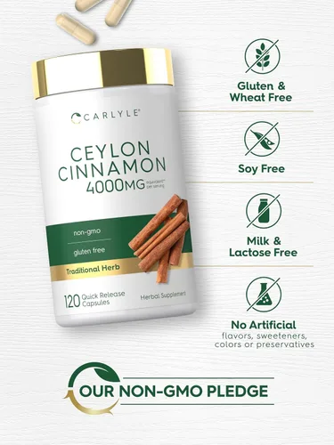 Vista 5 de Cápsulas de canela de Ceilán Carlyle 4000 mg 120 unidades Suplemento sin OGM y sin gluten
