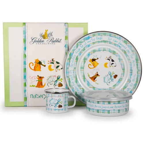 Vista 3 de Golden Rabbit Juego de vajilla infantil esmaltada: plato, taza y cuenco con tapa, conejitos azules
