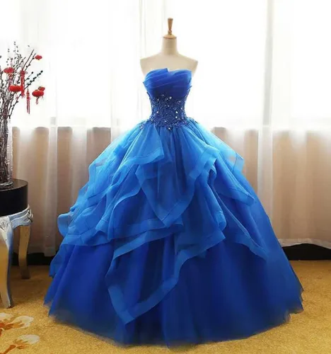 Vista 4 de Fair Lady Vestido de fiesta largo con volantes vestido de fiesta vestidos de quinceañera sin tirantes de encaje de tul con cuentas vestido de noche