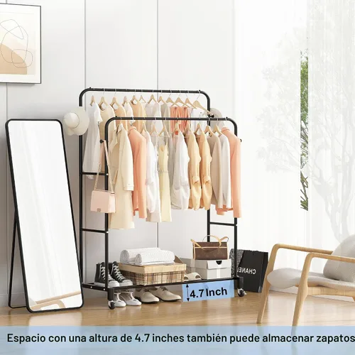 Vista 4 de Sooyee - Perchero de doble varilla con ruedas, 3 niveles, color negro Percheros metálicos para colgar ropa, portátiles, 4 ganchos