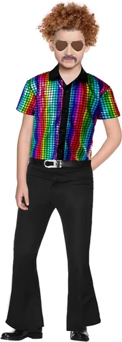 Vista 2 de 5 piezas de disfraz de discoteca de los años 60 y 70 para niños, camisas de lentejuelas para niños, fiesta de Halloween, cosplay, 3 a 12 años