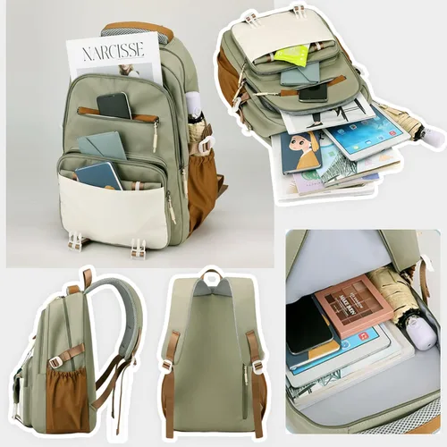 Vista 3 de Mochila Kawaii con bonitos accesorios colgantes, bolsa de viaje, grande, impermeable, informal, para mujeres y hombres, Verde, Mochila Kawaii