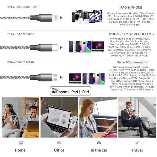 Vista 6 de Cable de carga múltiple de 4 pies, paquete de 3 cables trenzados 3 en 1 con certificación MFi de Apple