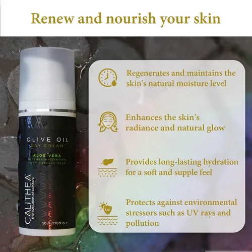 Vista 5 de Calithea Crema hidratante facial para una piel sana, brillante y equilibrada con aloe vera, tuna y aceite de oliva