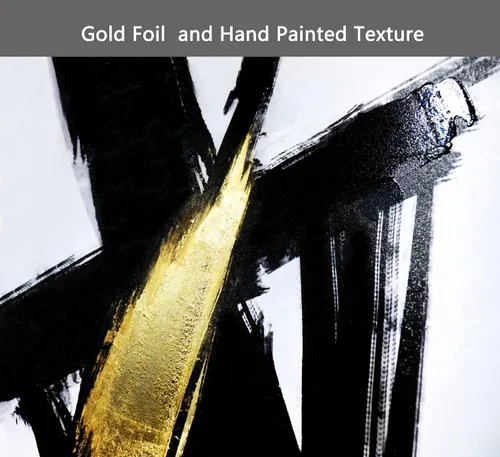 Vista 2 de Sofoney - Lienzo abstracto enmarcado en oro negro y dorado, impresiones artísticas 3D texturizadas con pinceladas negras con lámina dorada