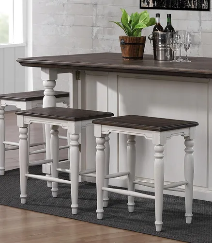 Vista 2 de Sunset Trading French Chic Taburetes de bar sin respaldo de 24 pulgadas Juego de 2 taburetes de cocina Madera maciza de dos tonos blanco antiguo