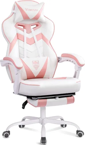 Vista 11 de Vonesse Silla para videojuegos, silla de juegos de respaldo alto con reposapiés y masaje, sillas de juegos para adultos con cojín de resorte