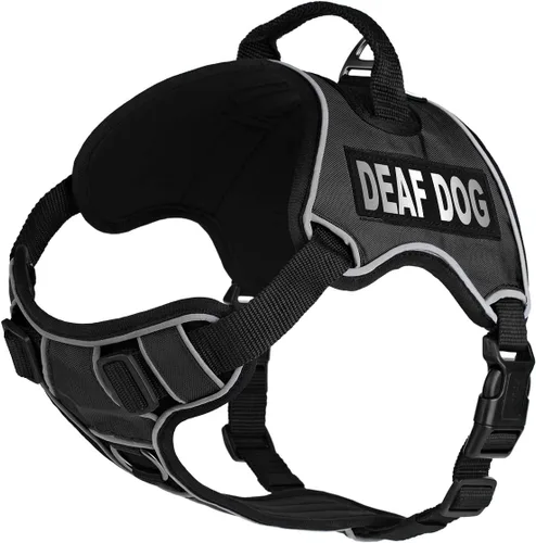 Vista 20 de Dogline Quest - Arnés para perro sordo sin tirones con parches reflectantes extraíbles y reflectantes, suave y cómodo, chaleco para perro con Negro