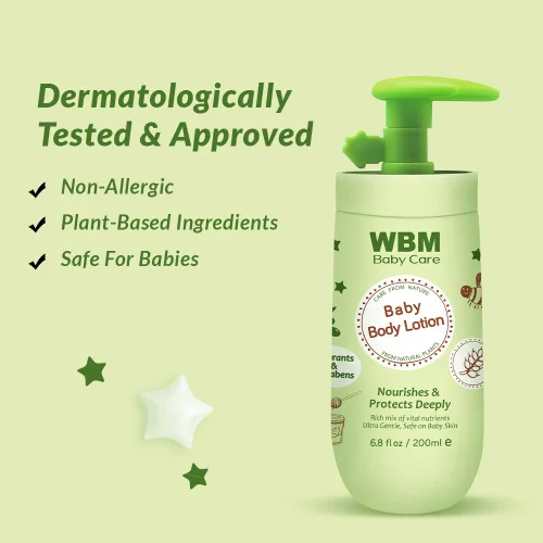 Vista 3 de WBM Care Baby Lotion Loción nutritiva para rostro y cuerpo enriquecida con miel natural y aceite de germen de trigo, suave y segura