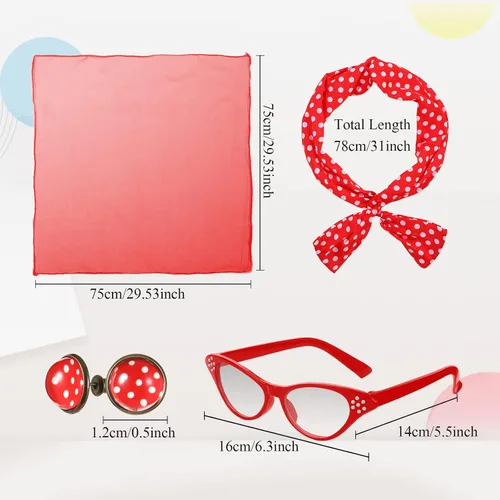 Vista 2 de Hicarer 5 Pcs 50s Women Halloween Costume 1950 Poodle Skirt Sock Hop Accessory Outfit Scarf Glasses Bandana Headband Earring