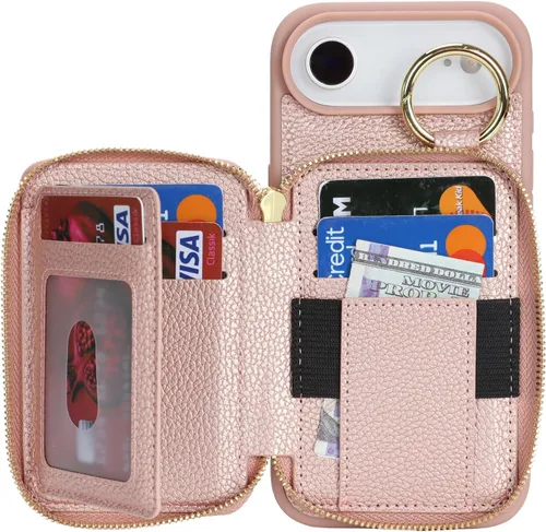 Vista 6 de Funda compatible con iPhone Air Wallet con tarjetero para iPhone Air, funda con cremallera y ranura para mujer, 5G de 6.5 pulgadas, color oro rosa