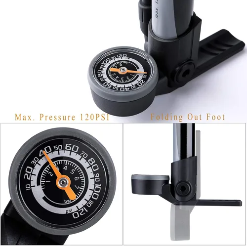 Vista 4 de Mini bomba de bicicleta con medidor – Bomba portátil para neumáticos de bicicleta – Bomba de aire de bicicleta de 120 PSI se adapta a Presta &