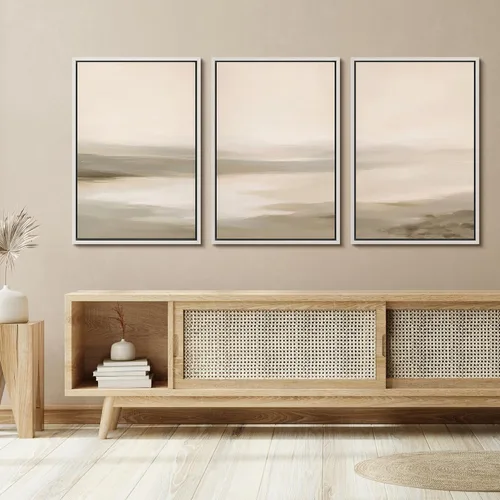 Vista 399 de SIGNFORD - Set de obras de arte en lienzo enmarcado para pared, ilustraciones abstractas de neblina del desierto en tonos neutros beige y marrón