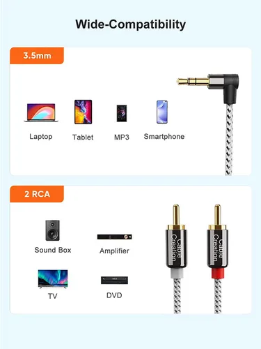 Vista 6 de CableCreation Cable de audio de 3,5 mm a RCA, ángulo de 3,5 mm macho a 2RCA macho estéreo auxiliar audio divisor en Y chapado en oro para teléfonos