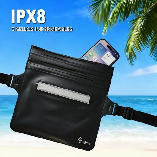 Vista 4 de Riñonera impermeable, bolsa seca para teléfono para playa, natación, kayak Negro+Negro