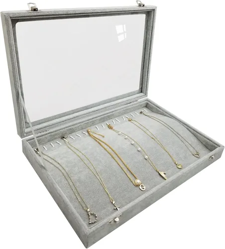 Vista 5 de Caja organizadora de collares de terciopelo para mujer, 20 ganchos para almacenamiento de collares con tapa transparente (gris)