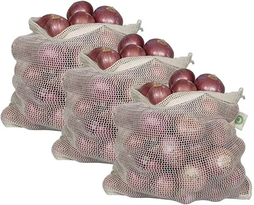 Vista 12 de Bolsas reutilizables de malla de algodón para productos – 100% algodón orgánico, duraderas, doble costura, lavables con peso de tara y cordón