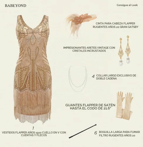 Vista 3 de BABEYOND Conjunto de vestidos flapper para mujer, con cuello en V de los años 20, con flecos y flecos, con accesorios Set - Champagne Gold