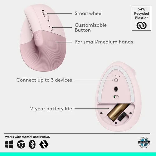 Vista 6 de Logitech Lift - Mouse óptico, ergonómico y vertical, uso inalámbrico, por Bluetooth o con receptor Logi Bolt USB, clics silenciosos, 4 botones, Rosa