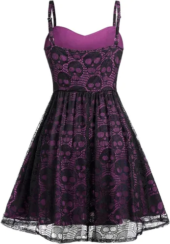 Vista 5 de Disfraz de Halloween para mujer, talla grande, malla de encaje, sin mangas, camisola, mini vestido