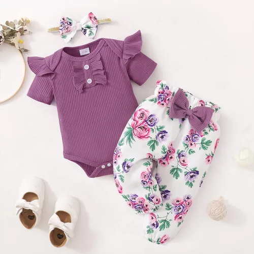 Vista 5 de Mioglrie Conjunto de ropa de bebé recién nacido, conjunto de pantalones, conjunto floral de algodón, ropa de bebé para niñas