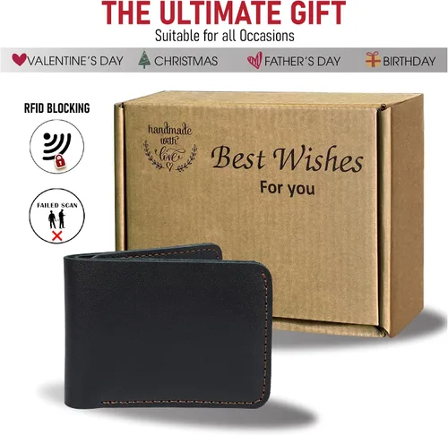 Vista 5 de HATA Black Cowhide Full Grain Leather Bifold Wallet For Men With RFID Blocking Minimalist Front Pocket Security Passcase And Durable Extra Capacity