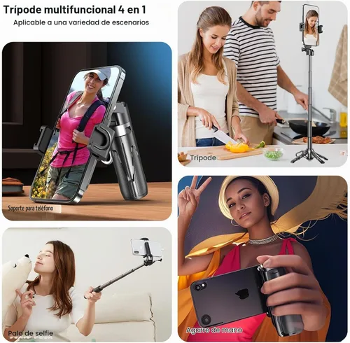 Vista 6 de Palo selfie multifuncional 4 en 1 y trípode para iPhone/Android, rotación de 360 grados, con control remoto, portátil para creadores de contenido