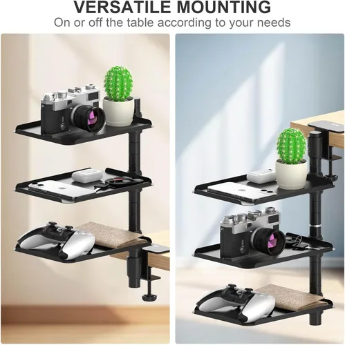 Vista 4 de Estante de Escritorio de Metal de 3 Niveles con Abrazadera – Almacenamiento giratorio de 360° encima/debajo de la mesa, organizador de escritorio